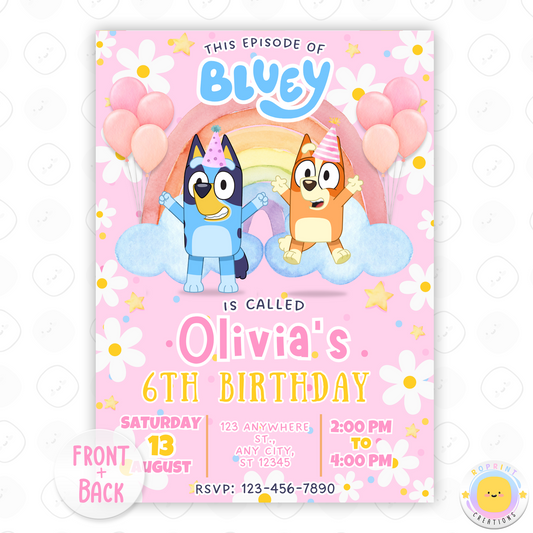 Editable Pink Bluey Birthday Invitation - Bluey TWO-EY Pink Birthday Girl Invitation Canva Template