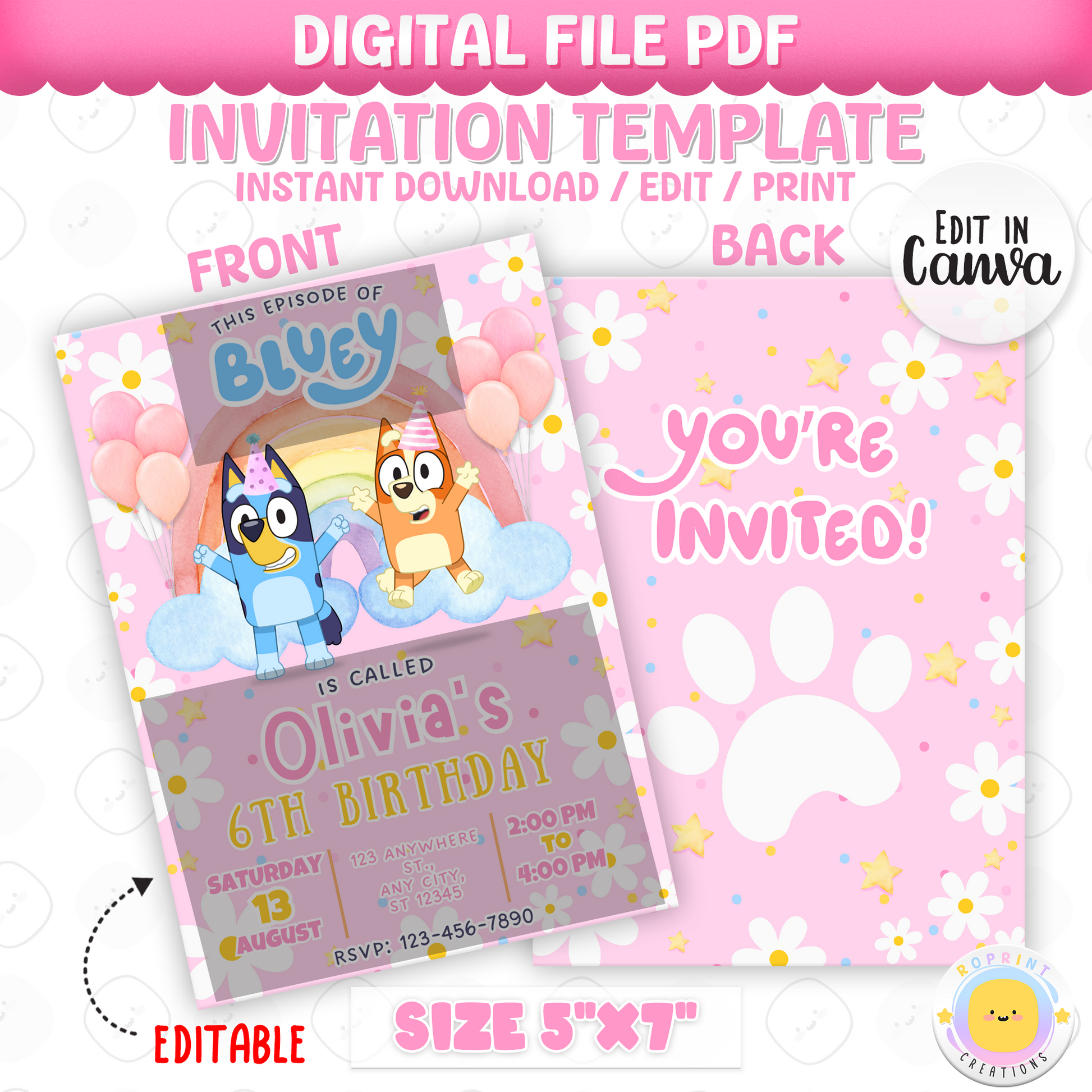 Editable Pink Bluey Birthday Invitation - Bluey TWO-EY Pink Birthday Girl Invitation Canva Template