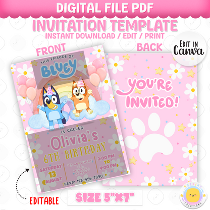Editable Pink Bluey Birthday Invitation - Bluey TWO-EY Pink Birthday Girl Invitation Canva Template