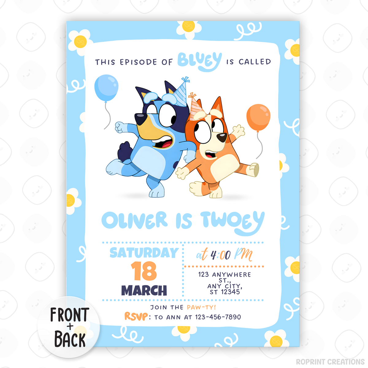 Celebrate your little one’s special day with this Bluey Daisy TWOEY birthday invitation! Easily edit, download, and print or share digitally for a fun 2nd birthday party. 🎉🌼💙