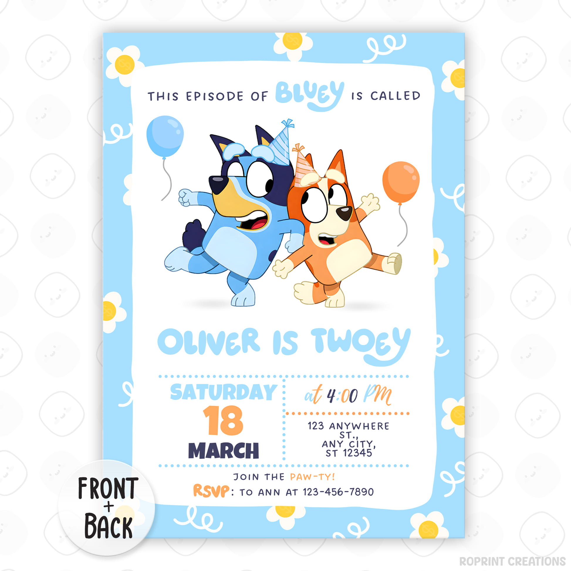 Celebrate your little one’s special day with this Bluey Daisy TWOEY birthday invitation! Easily edit, download, and print or share digitally for a fun 2nd birthday party. 🎉🌼💙