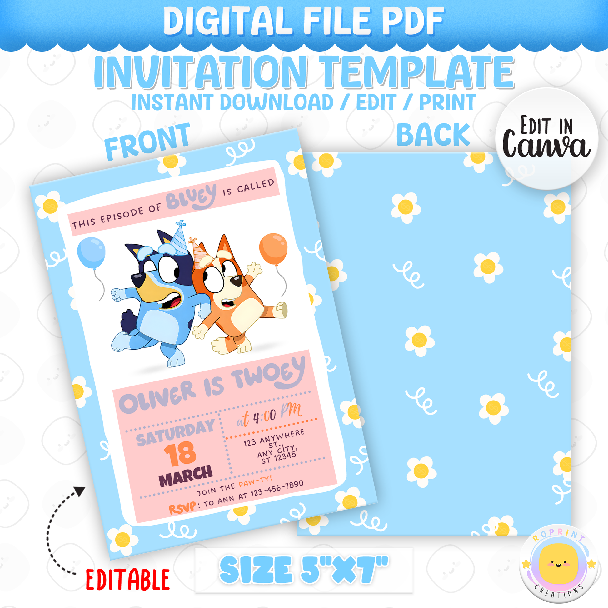 Celebrate your little one’s special day with this Bluey Daisy TWOEY birthday invitation! Easily edit, download, and print or share digitally for a fun 2nd birthday party. 🎉🌼💙