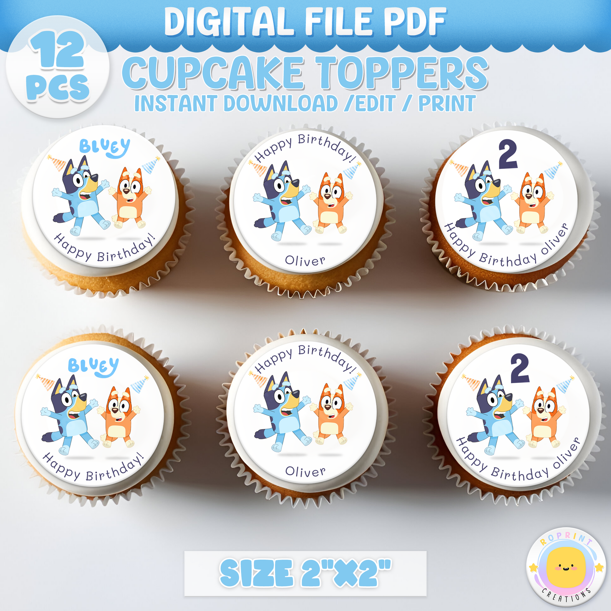 Bluey Editable Cupcake Toppers - Blue Dog Custom Name Cupcake Topper Party Favor
Make your treats extra fun with these editable Bluey cupcake toppers! Personalize with your child’s name and print for the perfect party favor.