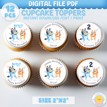 Bluey Editable Cupcake Toppers - Blue Dog Custom Name Cupcake Topper Party Favor
Make your treats extra fun with these editable Bluey cupcake toppers! Personalize with your child’s name and print for the perfect party favor.