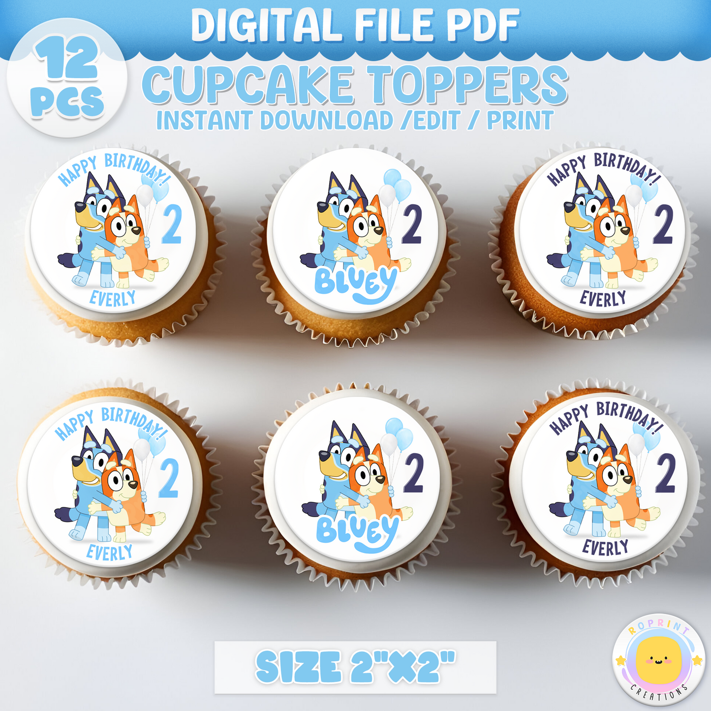 Bluey Editable Cupcake Toppers - Blue Dog Custom Name Cupcake Topper Party Favor
Make your treats extra fun with these editable Bluey cupcake toppers! Personalize with your child’s name and print for the perfect party favor.