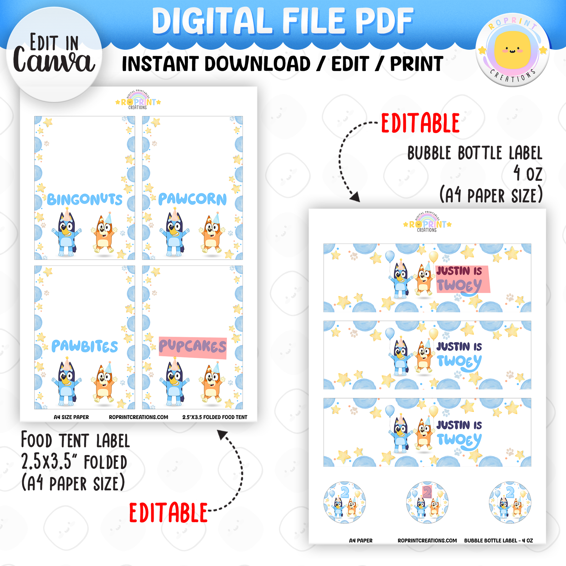 Bluey TWO-EY 2nd birthday party favors, editable Bluey second birthday printable favor template