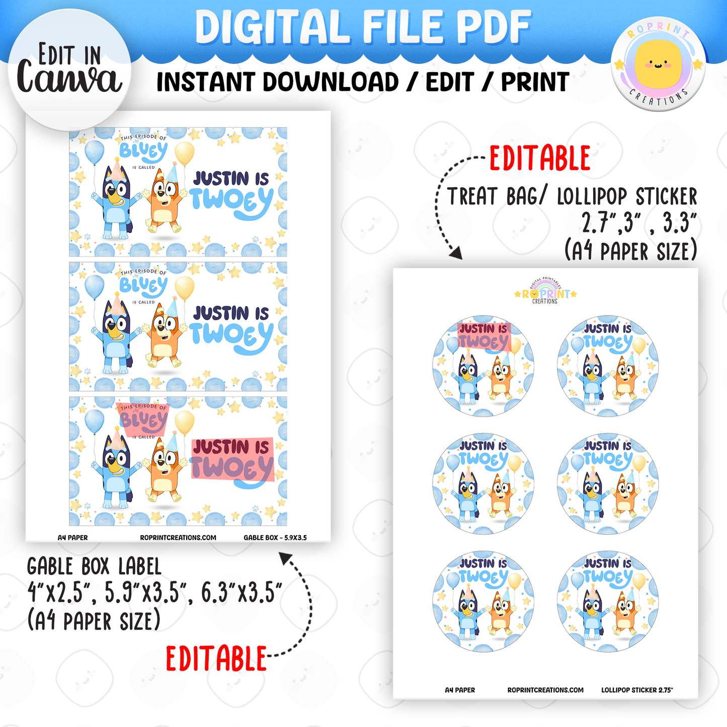 Bluey TWO-EY 2nd birthday party favors, editable Bluey second birthday printable favor template