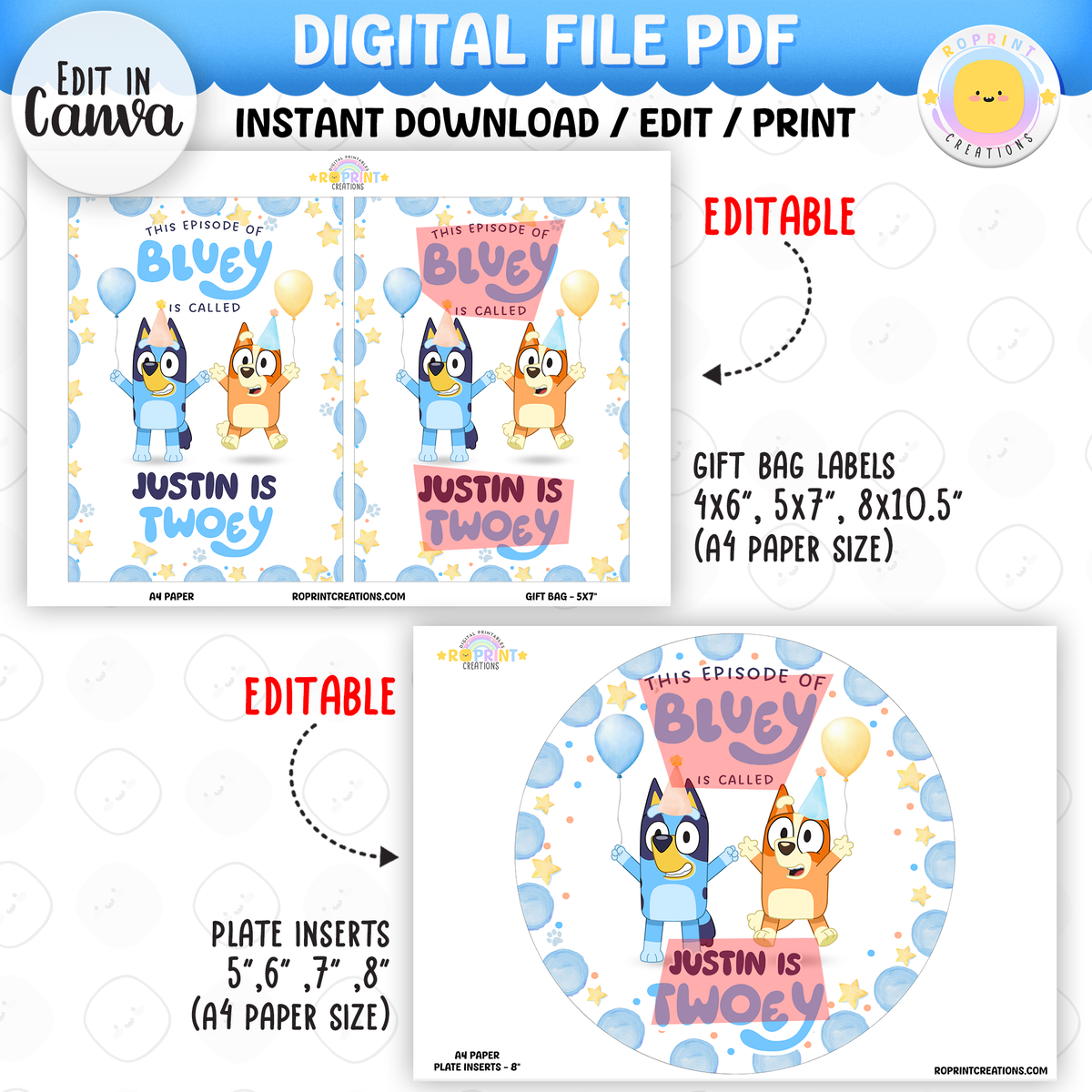 Bluey TWO-EY 2nd birthday party favors, editable Bluey second birthday printable favor template