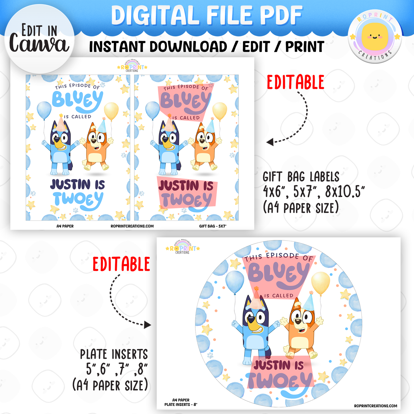 Bluey TWO-EY 2nd birthday party favors, editable Bluey second birthday printable favor template