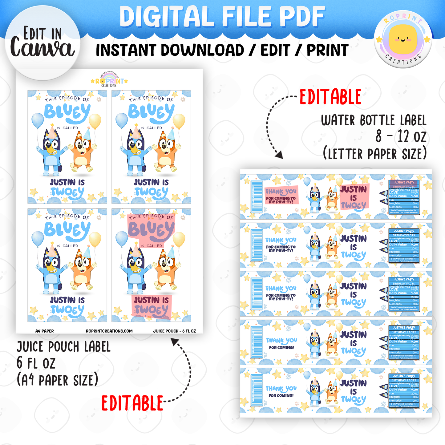 Bluey TWO-EY 2nd birthday party favors, editable Bluey second birthday printable favor template