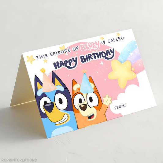 Bring the magic of Bluey to the celebration with this fun “This Episode is Called” birthday card! Download, print, trim, and fold to create a 7x5 greeting card kids will love. Instant Download.