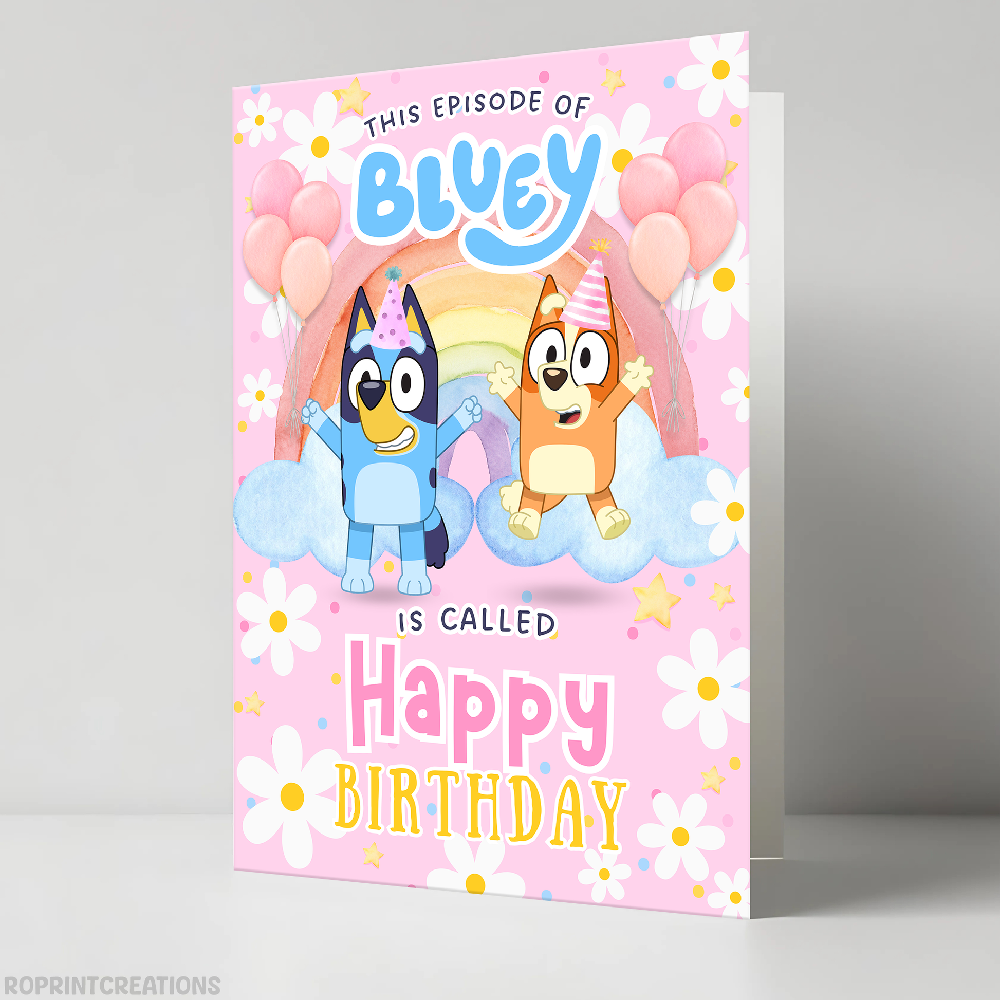 Celebrate with Bluey in style! This cute pink daisy “This Episode is Called” birthday card is perfect for kids. Simply download, print, trim, and fold into a 5x7 greeting card. Digital file only.