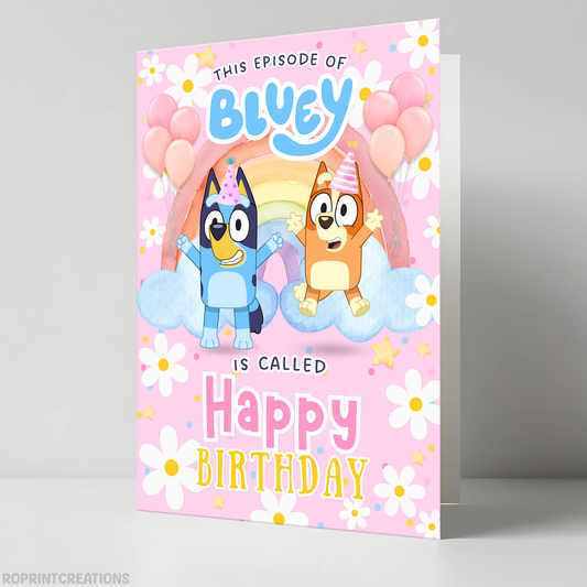 Celebrate with Bluey in style! This cute pink daisy “This Episode is Called” birthday card is perfect for kids. Simply download, print, trim, and fold into a 5x7 greeting card. Digital file only.