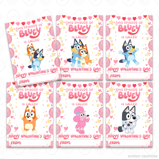 Bluey pink Valentine cards for kids, printable classroom Valentine exchange cards with fun kid-friendly designs
