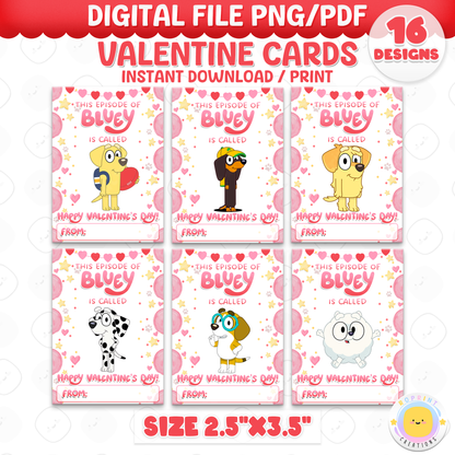 Bluey pink Valentine cards for kids, printable classroom Valentine exchange cards with fun kid-friendly designs