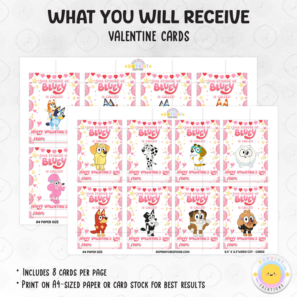Bluey pink Valentine cards for kids, printable classroom Valentine exchange cards with fun kid-friendly designs