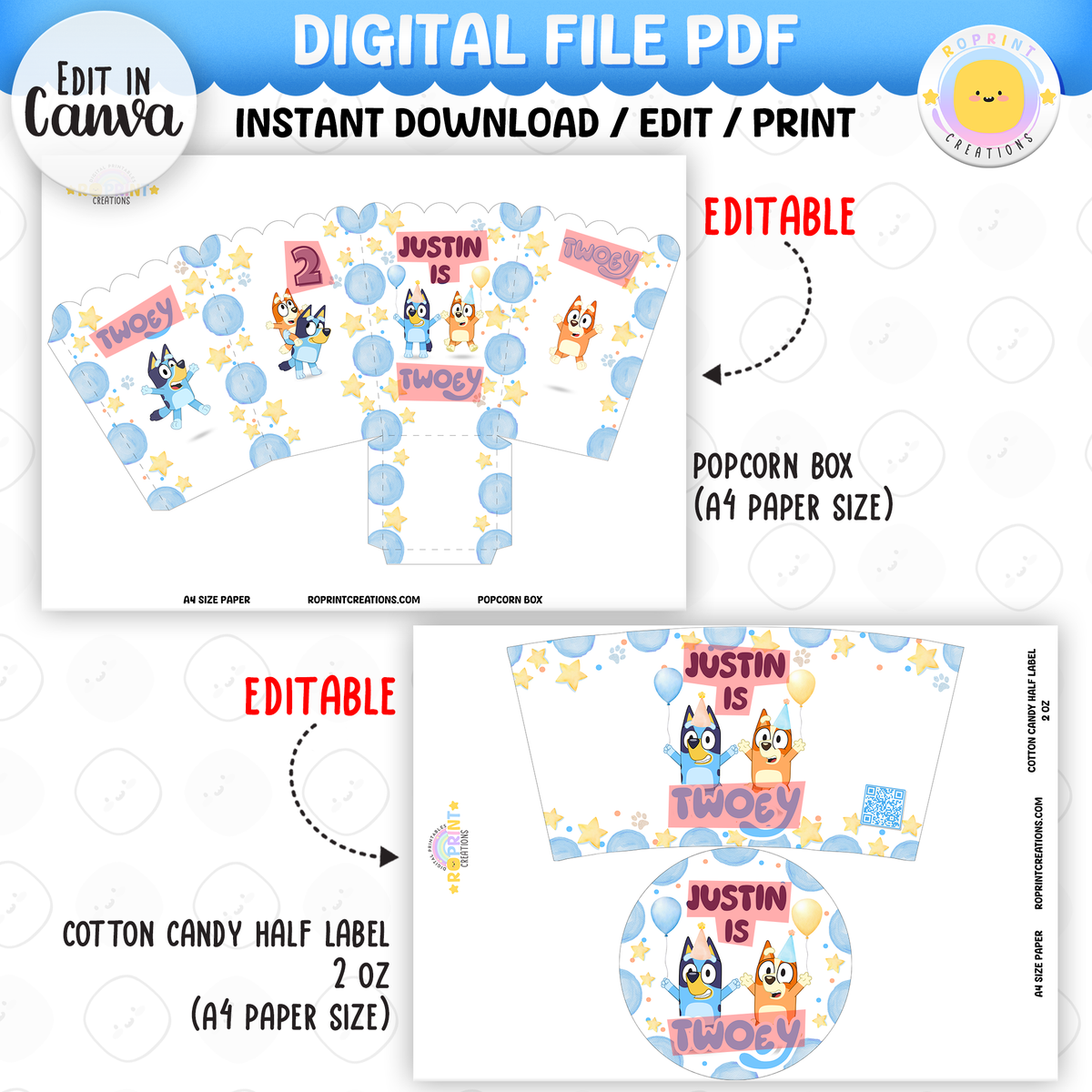 Bluey TWO-EY 2nd birthday party favors, editable Bluey second birthday printable favor template