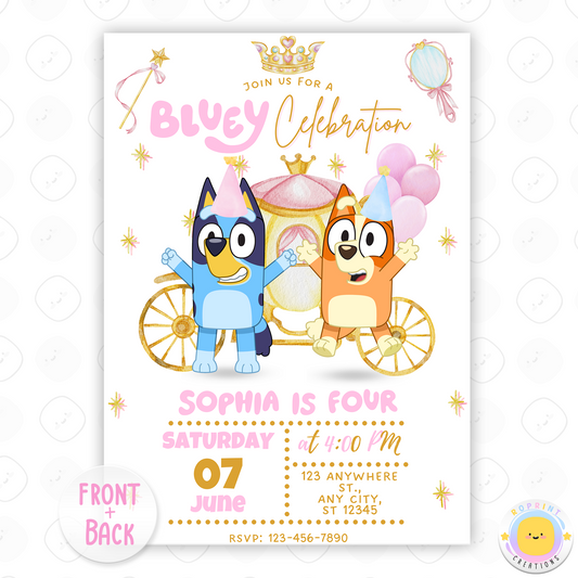Make your little one’s birthday royally fun with our Bluey Princess Carriage Birthday Invitation!
Featuring a magical pink carriage and everyone's favorite blue pup, this editable and printable invite is perfect for princess-loving Bluey fans. Whether you're planning a fairytale-themed celebration or a magical birthday adventure, this invitation adds a touch of sparkle to the big day.