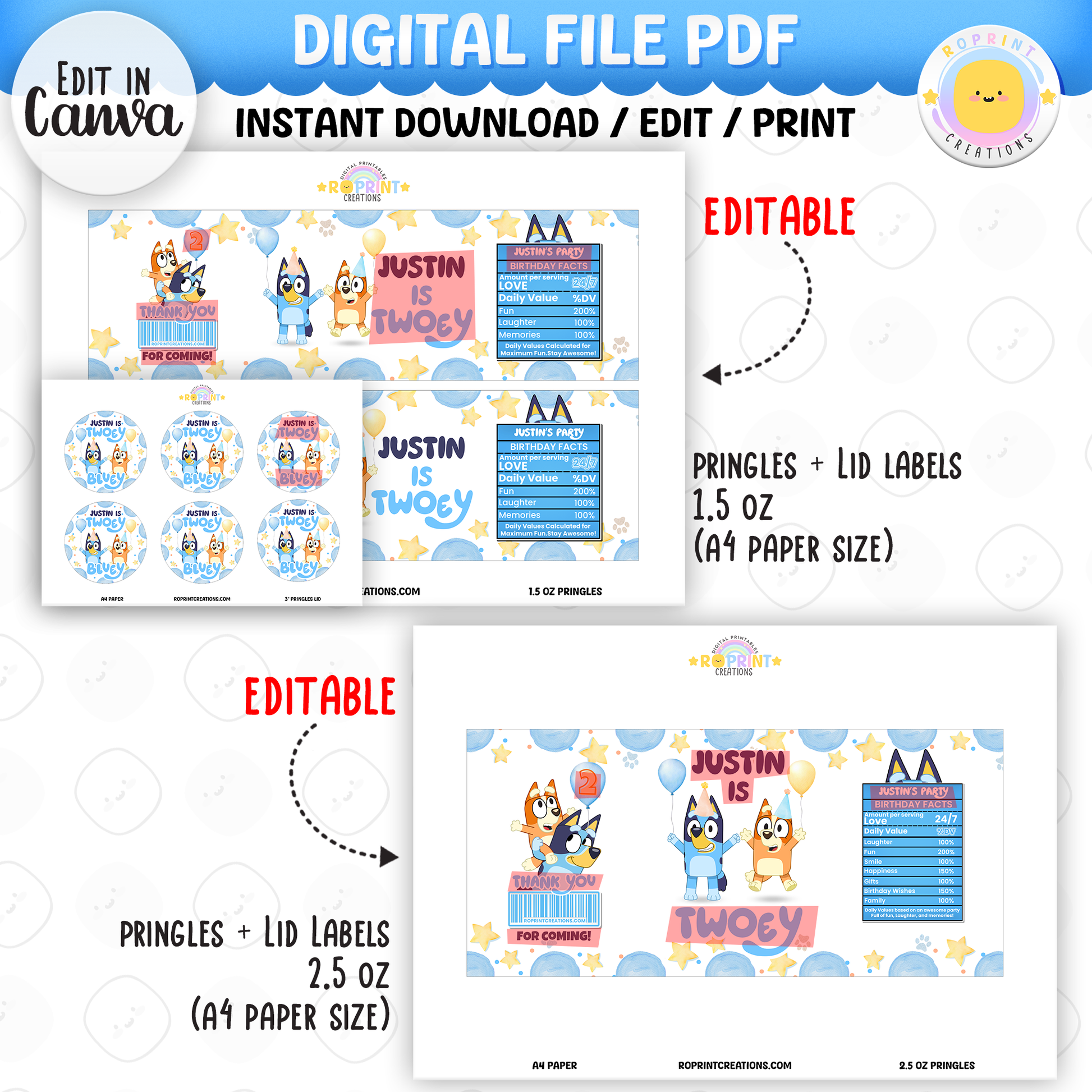 Bluey TWO-EY 2nd birthday party favors, editable Bluey second birthday printable favor template