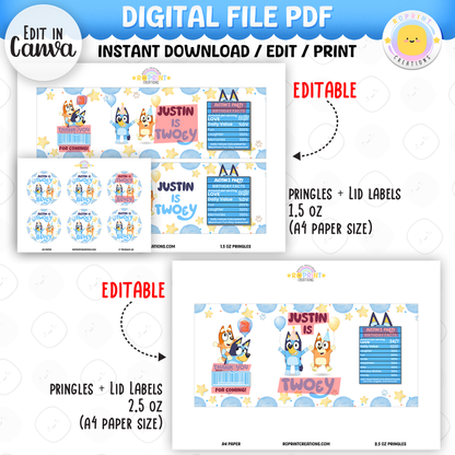 Bluey TWO-EY 2nd birthday party favors, editable Bluey second birthday printable favor template