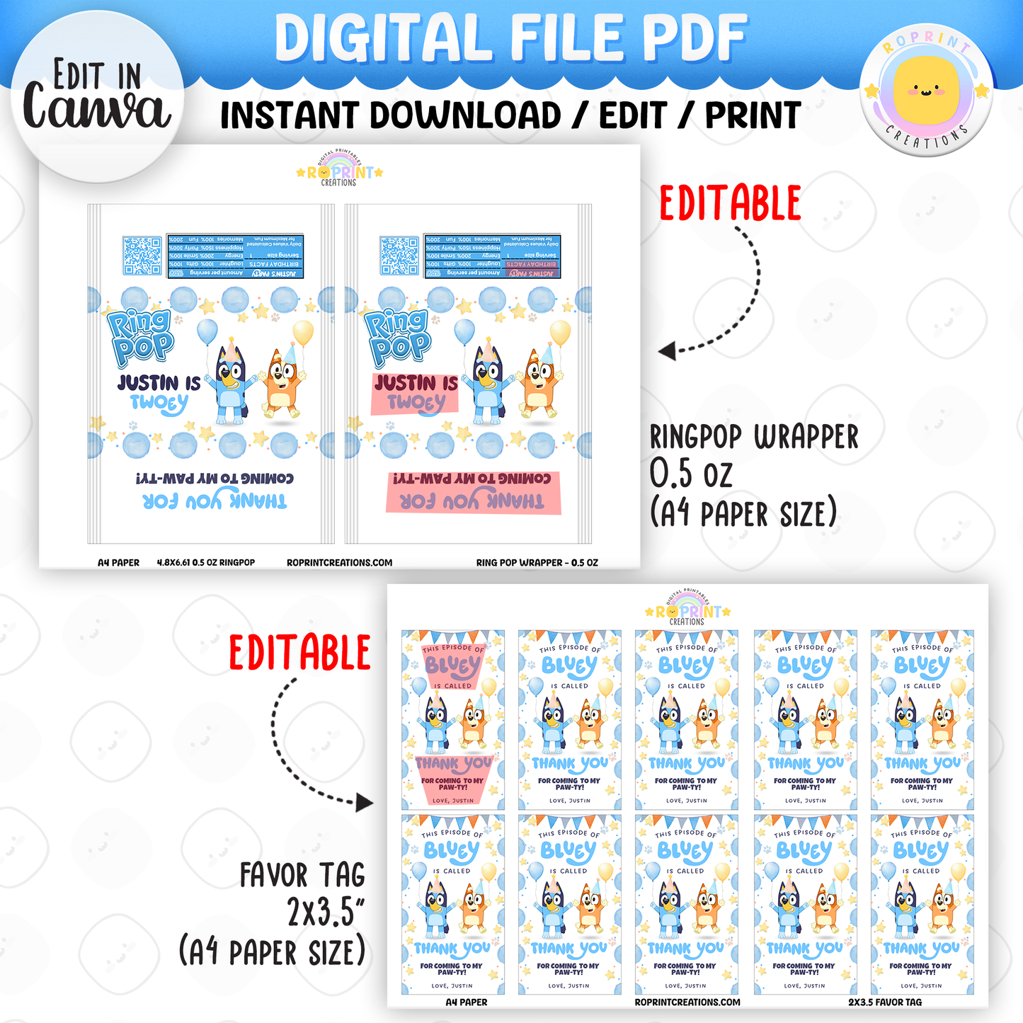 Bluey TWO-EY 2nd birthday party favors, editable Bluey second birthday printable favor template