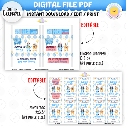 Bluey TWO-EY 2nd birthday party favors, editable Bluey second birthday printable favor template