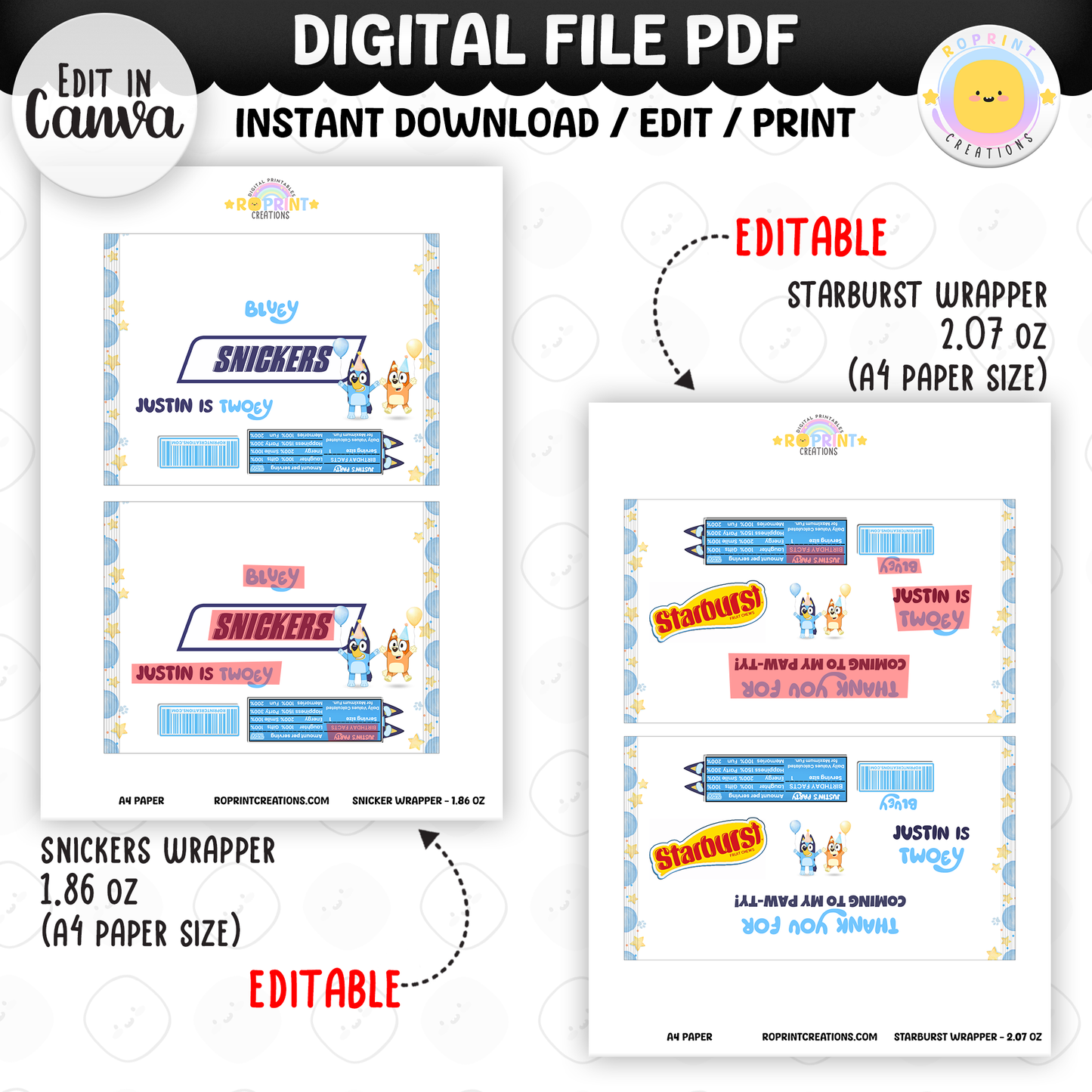 Bluey TWO-EY 2nd birthday party favors, editable Bluey second birthday printable favor template