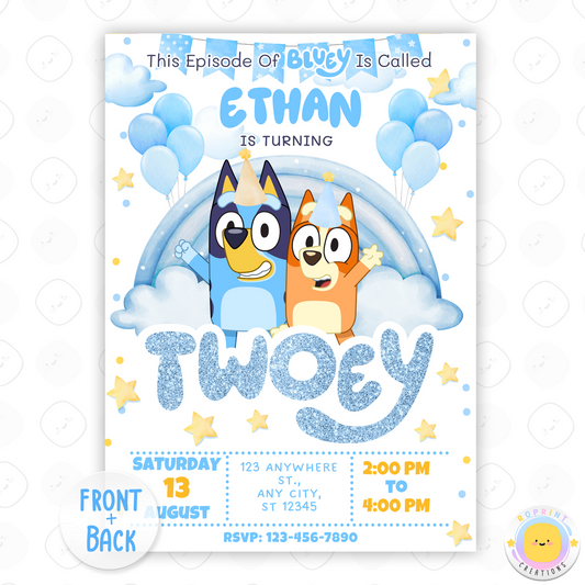 Bluey TWO-EY 2nd Birthday Invitation Template-Blue Dog 2nd Birthday Glitter Boy Party Canva Invitation Template