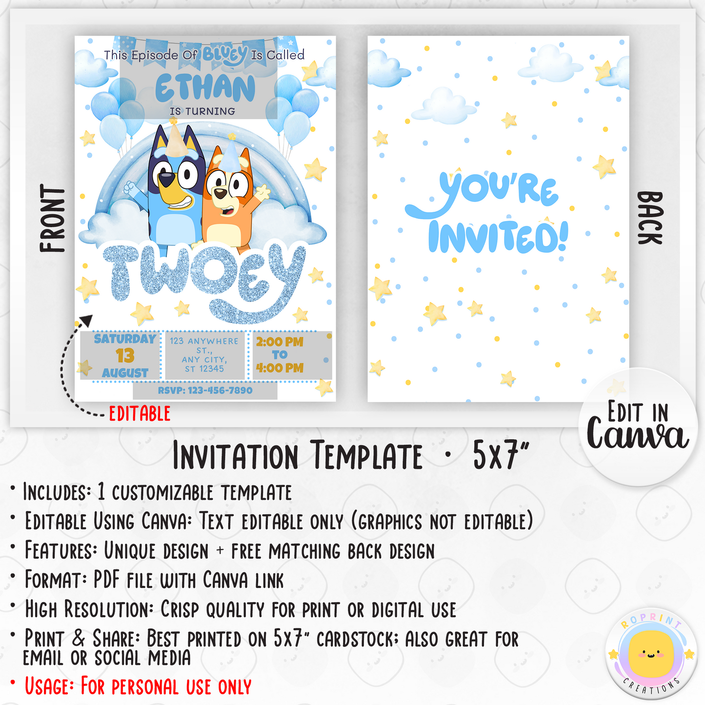 Bluey TWO-EY 2nd Birthday Invitation Template -Blue Dog 2nd Birthday Glitter Boy Party Invitation Back Design