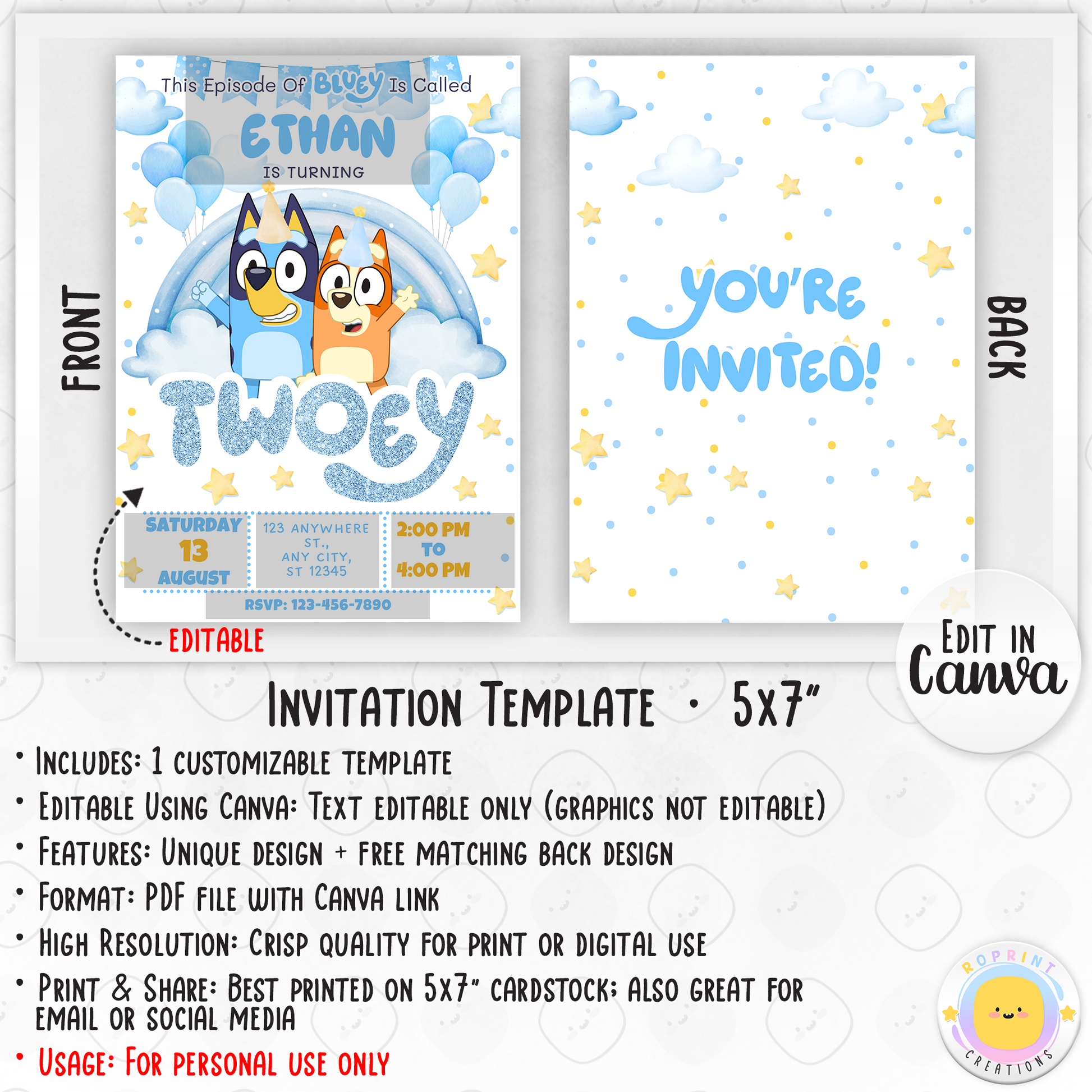 Bluey TWO-EY 2nd Birthday Invitation Template -Blue Dog 2nd Birthday Glitter Boy Party Invitation Back Design