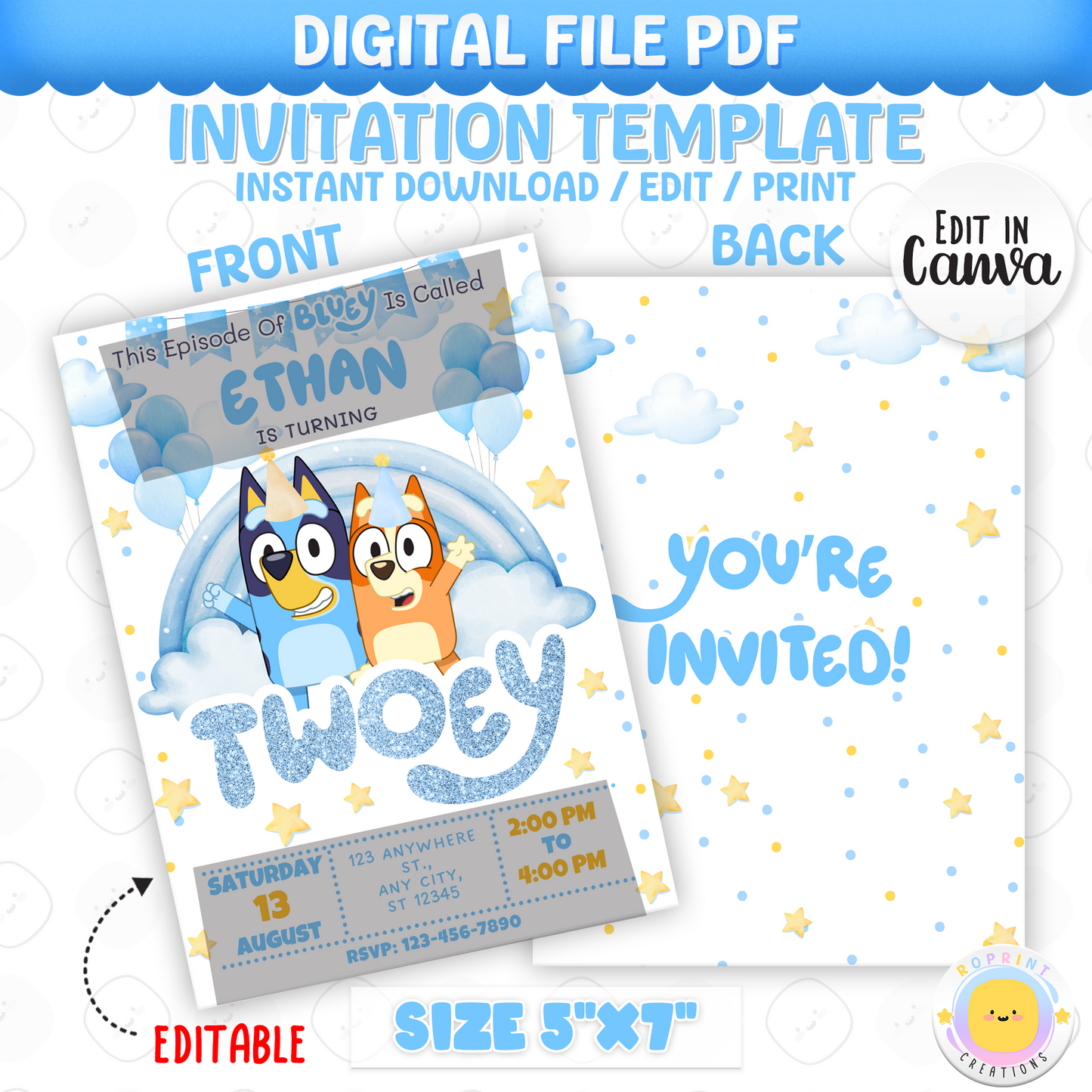 Bluey TWO-EY 2nd Birthday Invitation Template-Blue Dog 2nd Birthday Glitter Boy Party Canva Invitation Template
