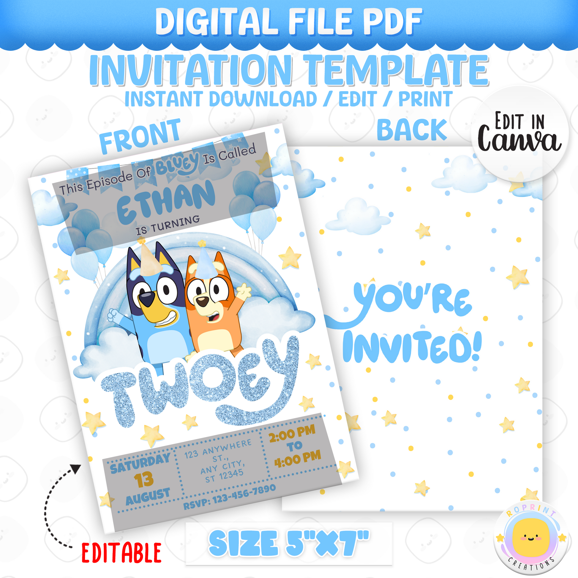 Bluey TWO-EY 2nd Birthday Invitation Template-Blue Dog 2nd Birthday Glitter Boy Party Canva Invitation Template