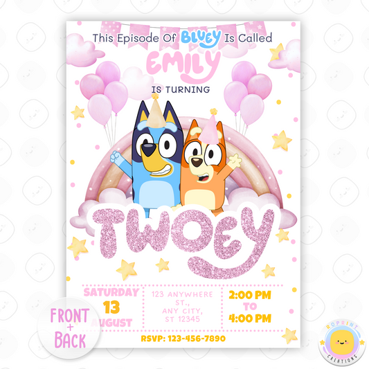 Bluey TWO-EY 2nd Birthday Invitation Template - Blue Dog 2nd Birthday Glitter Girl Party Canva Invitation Template