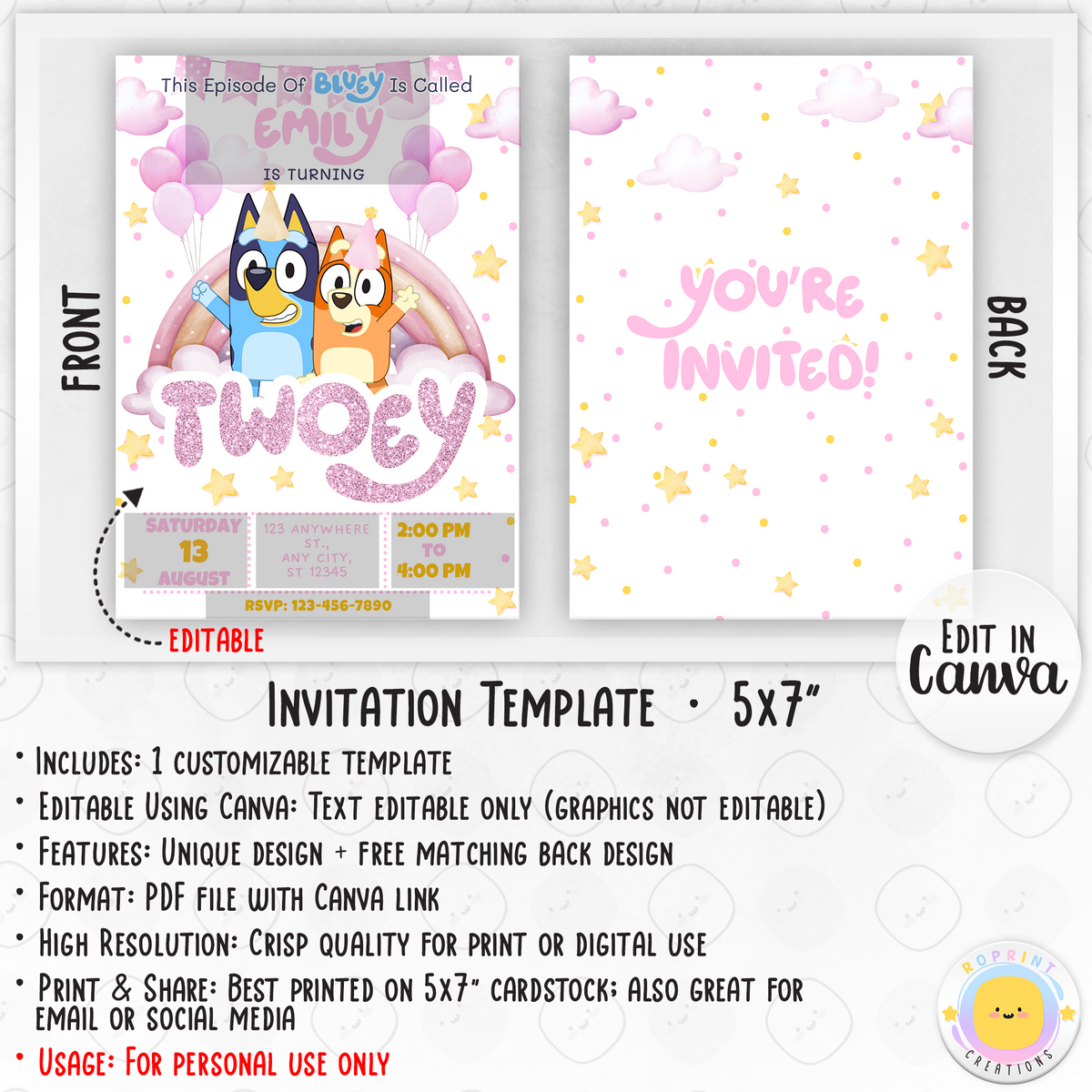 Bluey TWO-EY 2nd Birthday Invitation Template - Blue Dog 2nd Birthday Glitter Girl Party Invitation
