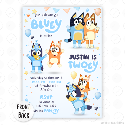 Celebrate your little one’s 2nd birthday with this editable Bluey Twoey Birthday Invitation! Easily customize, download, print, or share digitally for a fun, stress-free invite.
