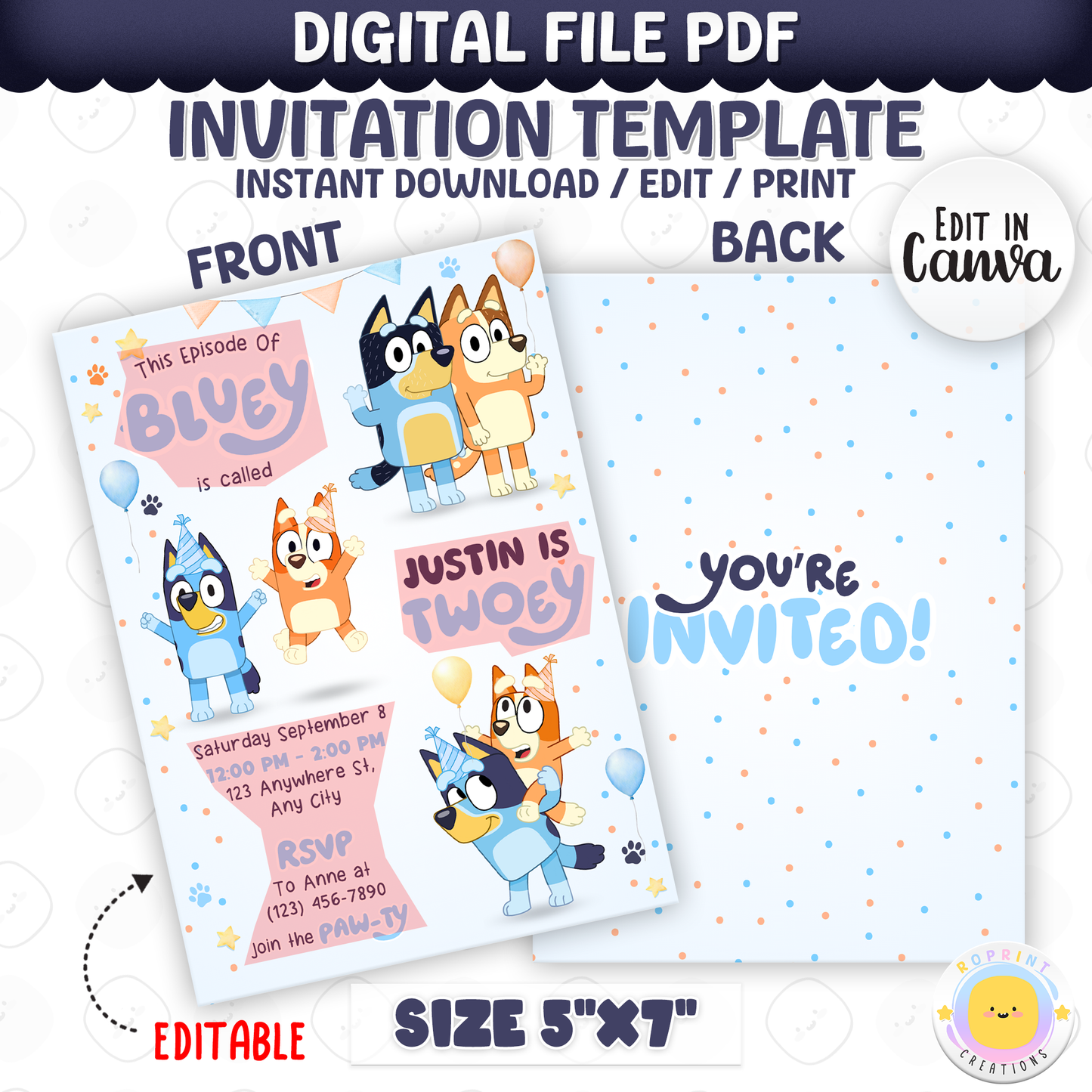 Celebrate your little one’s 2nd birthday with this editable Bluey Twoey Birthday Invitation! Easily customize, download, print, or share digitally for a fun, stress-free invite.