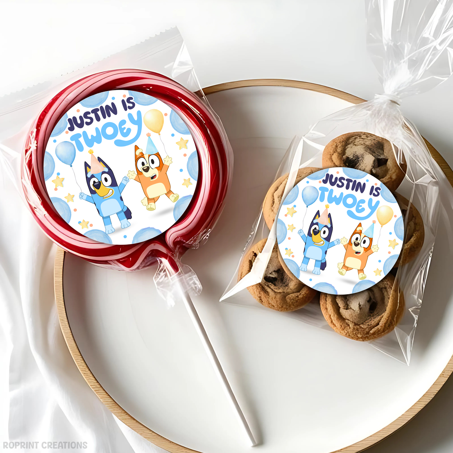 Bluey TWO-EY 2nd birthday party favors, editable Bluey second birthday printable favor template