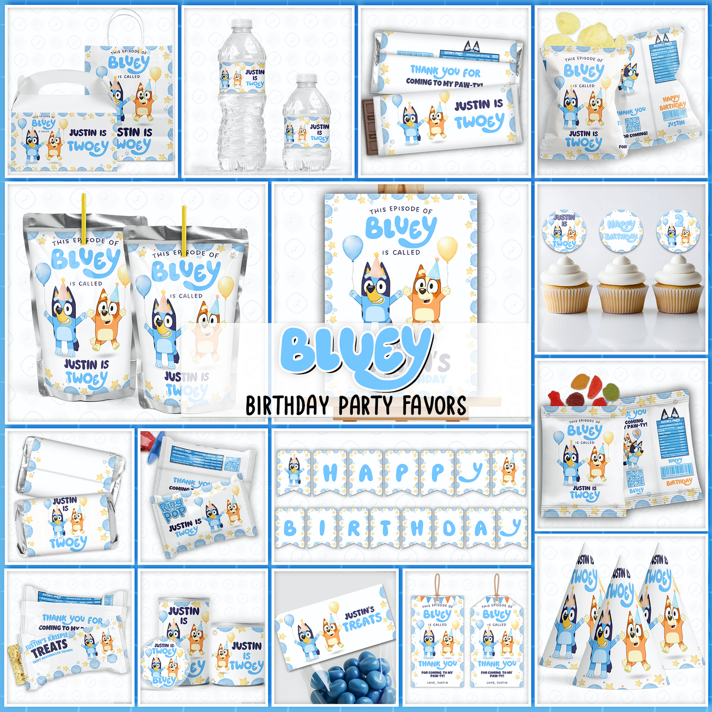 Bluey TWO-EY 2nd birthday party favors, editable Bluey second birthday printable favor template