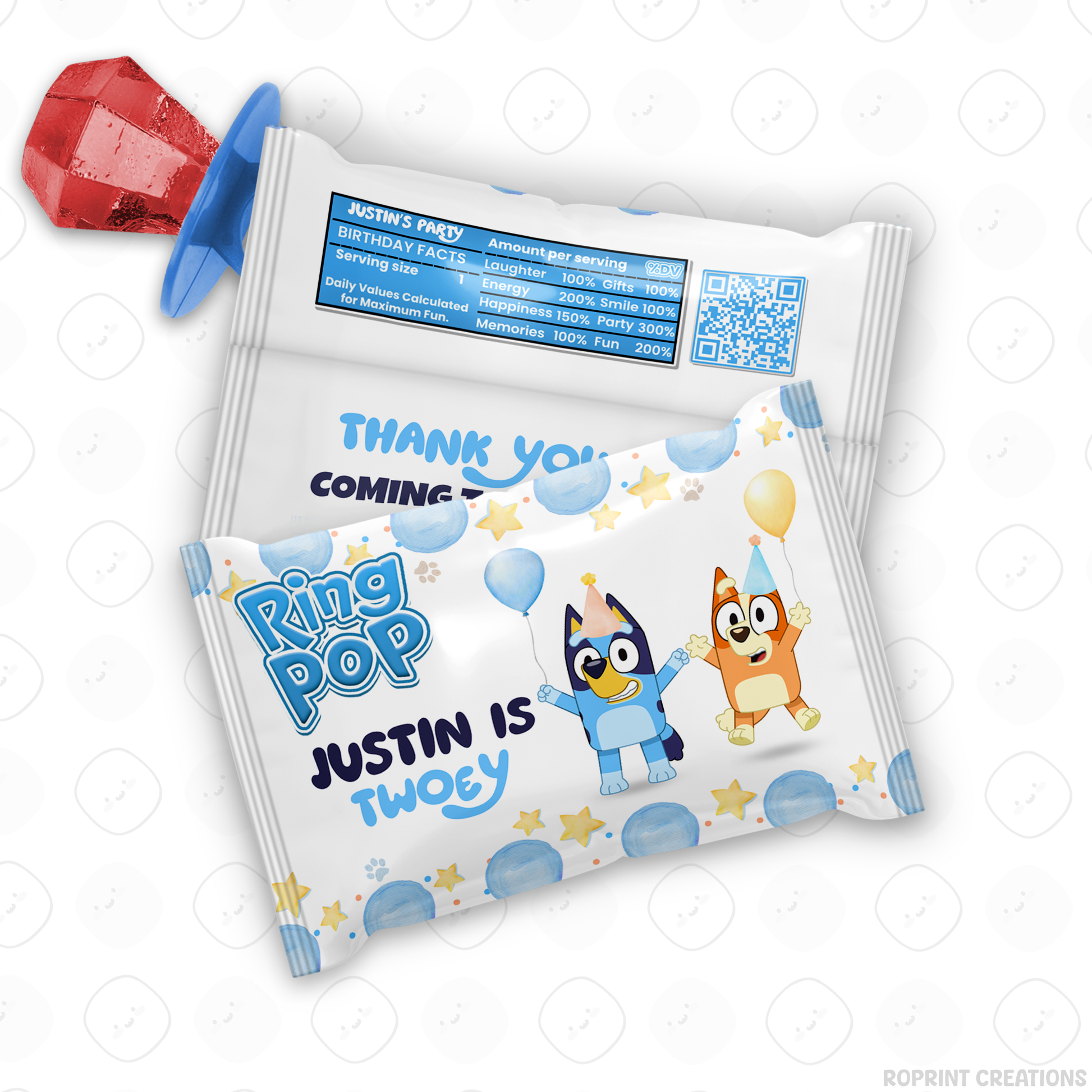 Bluey TWO-EY 2nd birthday party favors, editable Bluey second birthday printable favor template