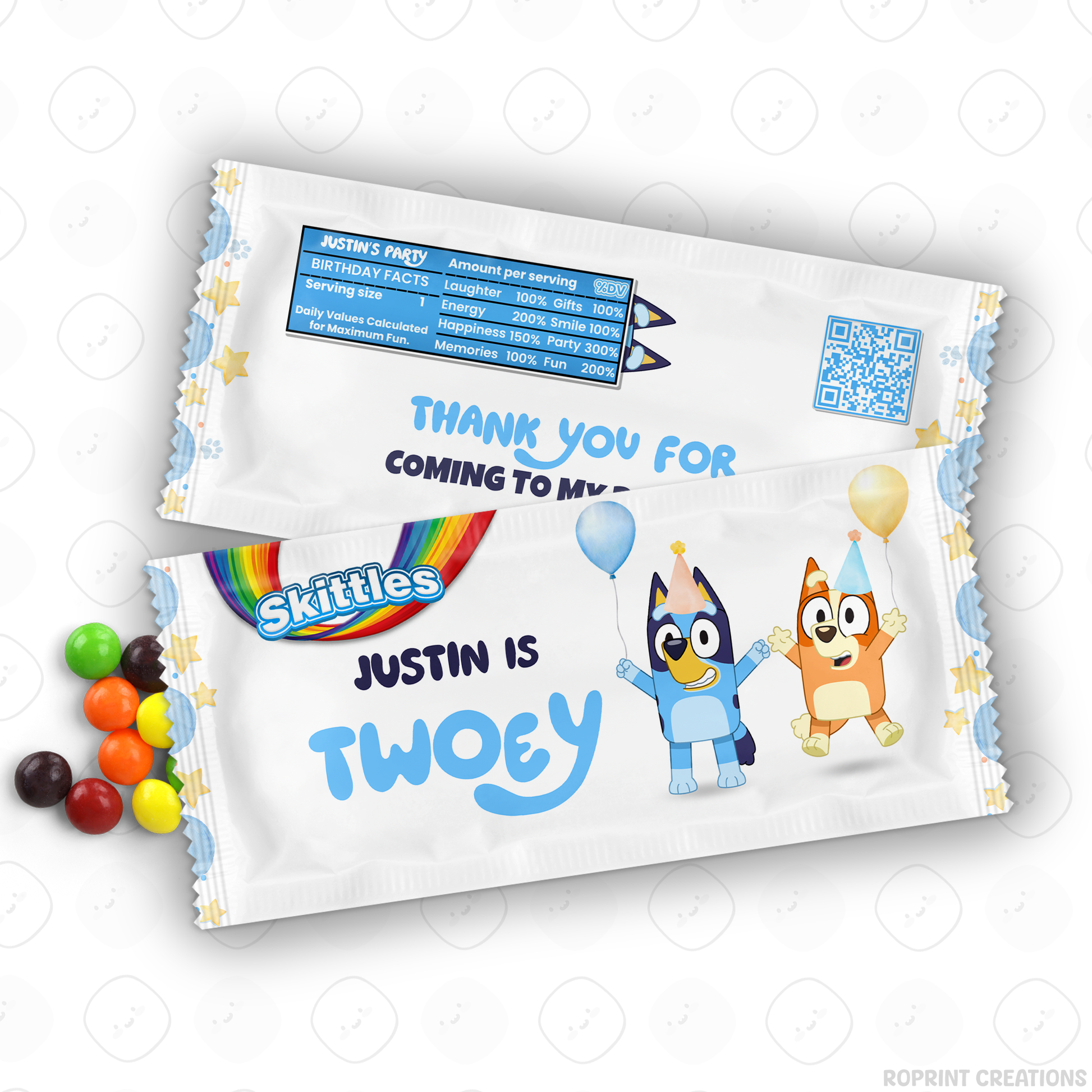 Bluey TWO-EY 2nd birthday party favors, editable Bluey second birthday printable favor template