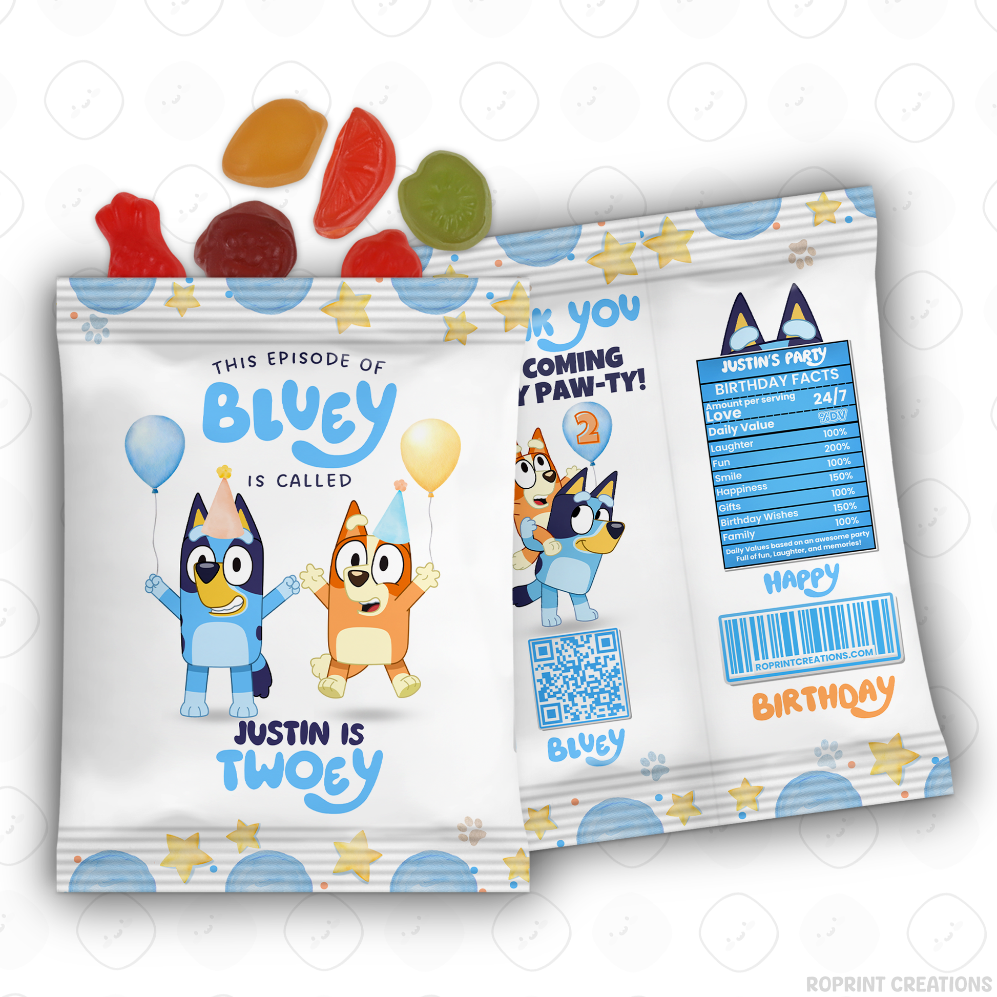 Bluey TWO-EY 2nd birthday party favors, editable Bluey second birthday printable favor template