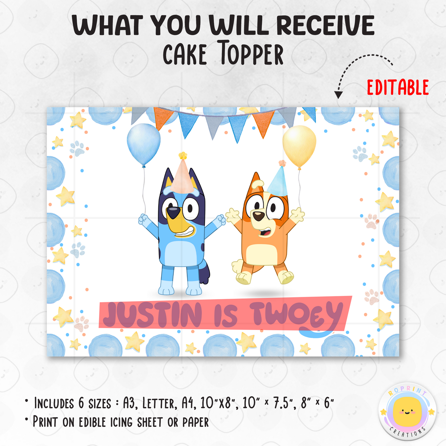 Celebrate your little one turning two with this Bluey TWO-EY cake topper! Download, edit, and print to create a fun and colorful 2nd birthday cake decoration.