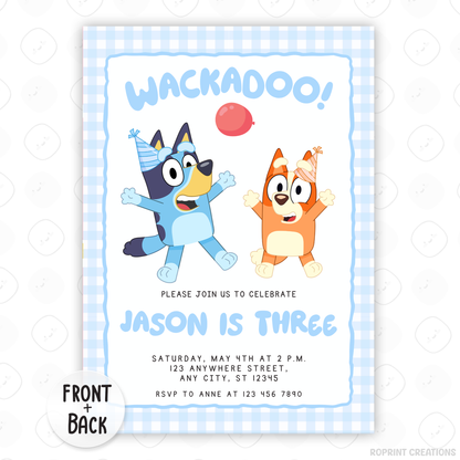 Celebrate your little one’s big day with this Bluey TWOEY Wackadoo birthday invitation! Easily edit, download, and print or share digitally for a fun 2nd birthday party. 🎉💙