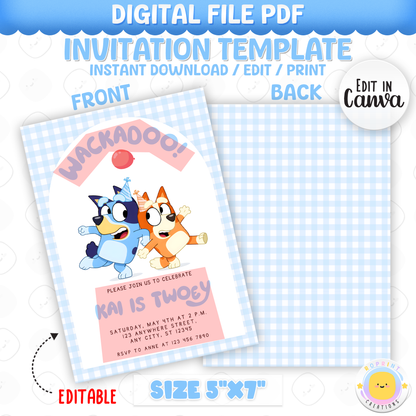 Celebrate your little one’s big day with this Bluey TWOEY Wackadoo birthday invitation! Easily edit, download, and print or share digitally for a fun and memorable 2nd birthday party. 🎉💙
