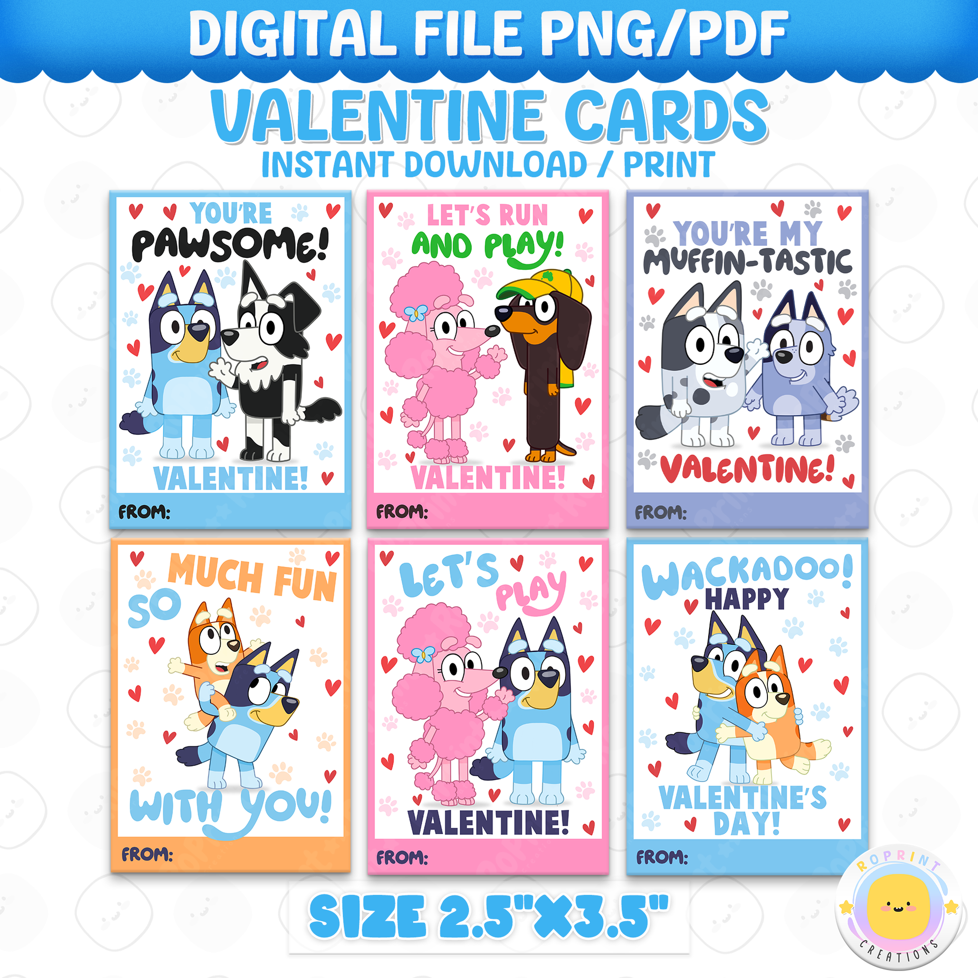 Share the love with these cute Bluey & Bingo Valentine cards! Perfect for kids’ classrooms and treat bags—simply download, print, and hand out for a fun Valentine celebration. Instant Download