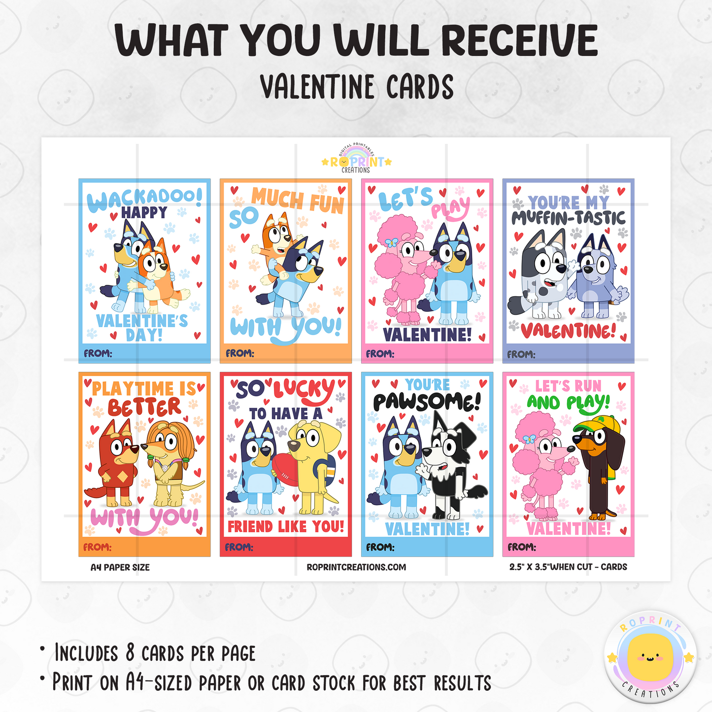 Share the love with these cute Bluey & Bingo Valentine cards! Perfect for kids’ classrooms and treat bags—simply download, print, and hand out for a fun Valentine celebration. Instant Download