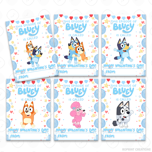 Bluey Valentine cards for kids, printable classroom Valentine exchange cards featuring 16 unique Bluey designs
