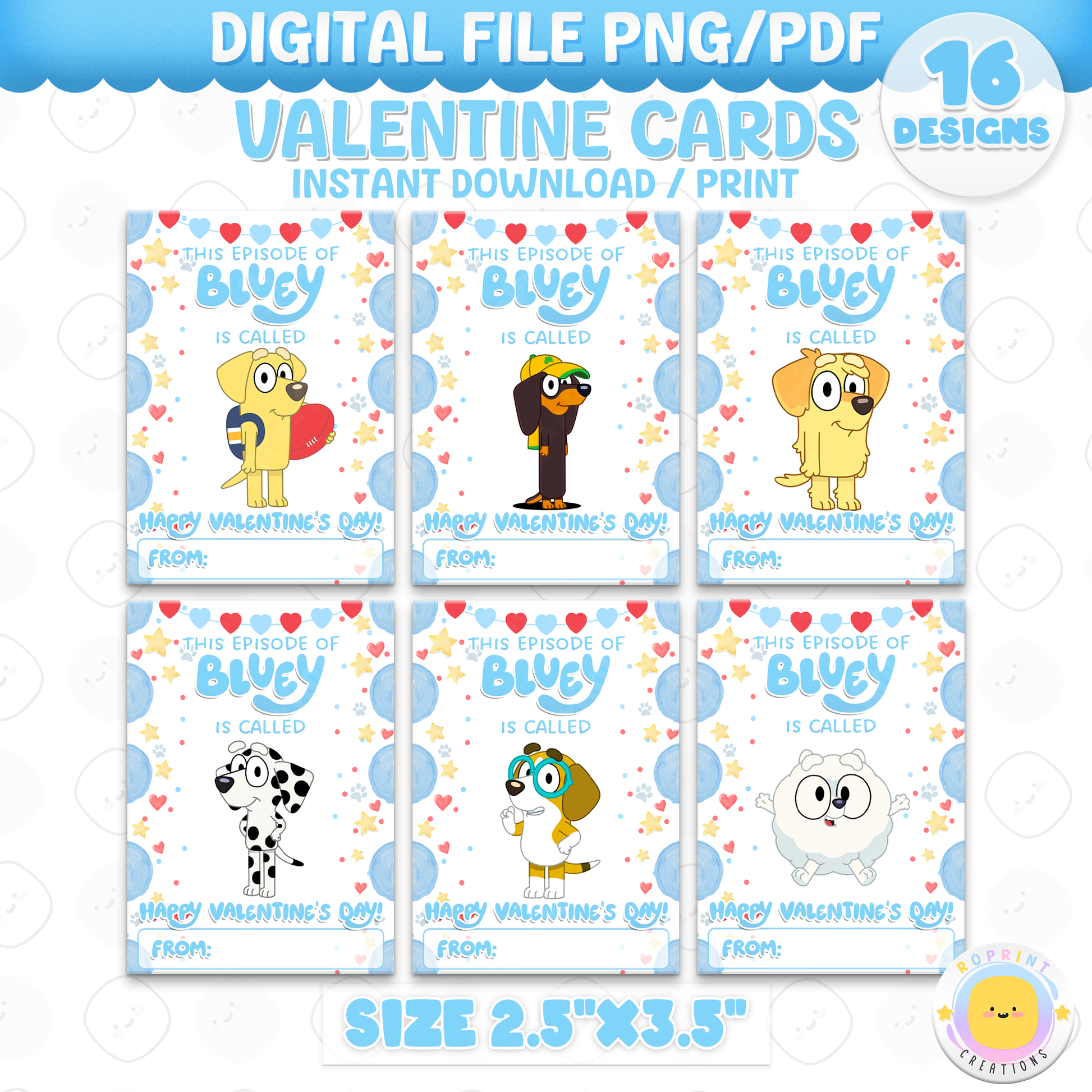 Bluey Valentine cards for kids, printable classroom Valentine exchange cards featuring 16 unique Bluey designs
