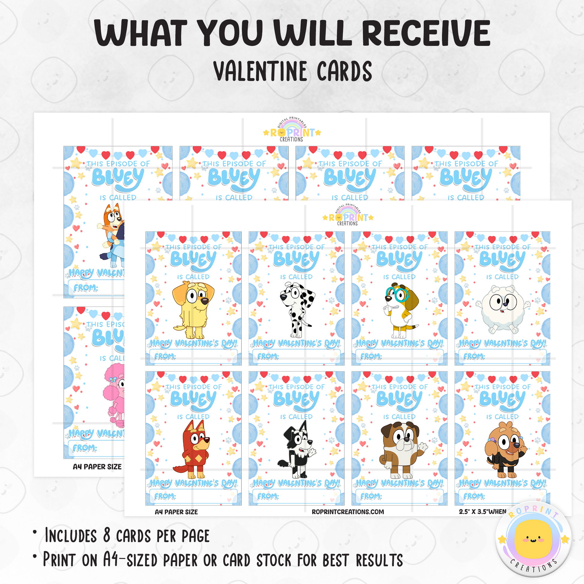 Bluey Valentine cards for kids, printable classroom Valentine exchange cards featuring 16 unique Bluey designs