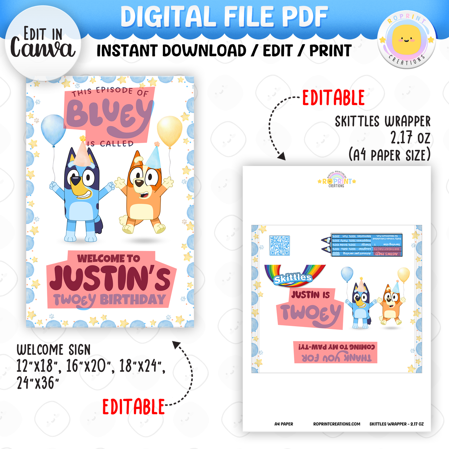Bluey TWO-EY 2nd birthday party favors, editable Bluey second birthday printable favor template